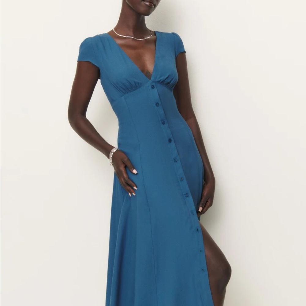 Reformation Blue “Wilda” V-Neck Button-Front Maxi Dress
